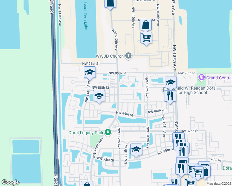 map of restaurants, bars, coffee shops, grocery stores, and more near 8711 Northwest 112th Court in Doral