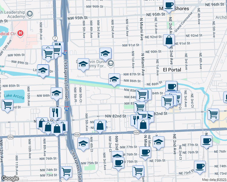 map of restaurants, bars, coffee shops, grocery stores, and more near 254 Northwest 85th Street Road in Miami