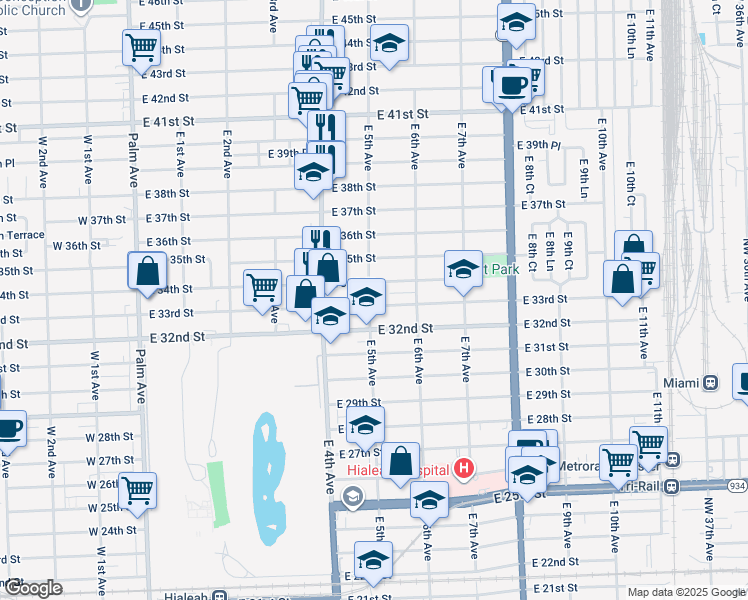map of restaurants, bars, coffee shops, grocery stores, and more near 501 East 33rd Street in Hialeah