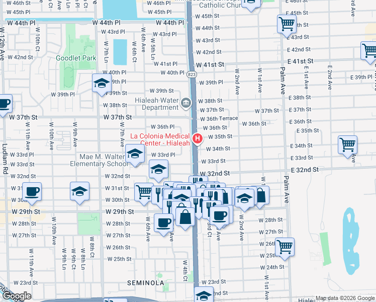 map of restaurants, bars, coffee shops, grocery stores, and more near 3370 West 4th Avenue in Hialeah