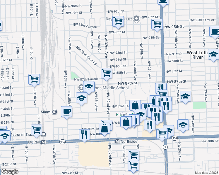 map of restaurants, bars, coffee shops, grocery stores, and more near 3155 NW 86th St in Miami