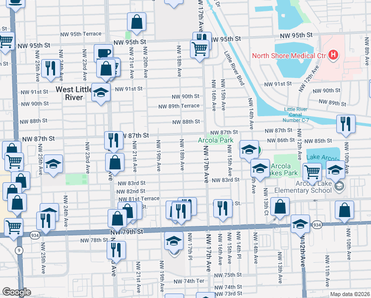 map of restaurants, bars, coffee shops, grocery stores, and more near 1799 Northwest 85th Street in Miami