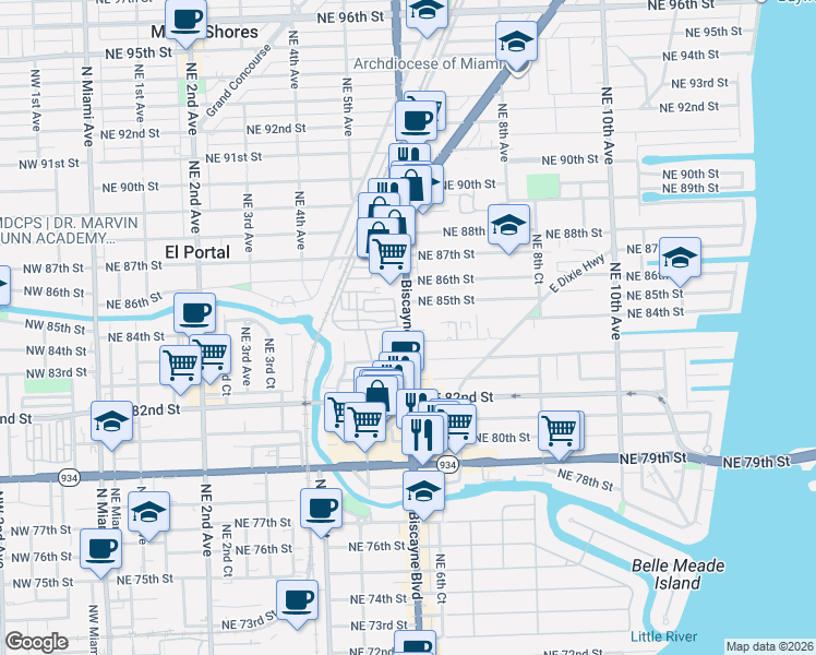 map of restaurants, bars, coffee shops, grocery stores, and more near 575 Northeast 83rd Street in Miami