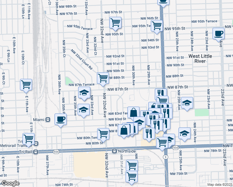 map of restaurants, bars, coffee shops, grocery stores, and more near 3085 Northwest 86th Street in Miami