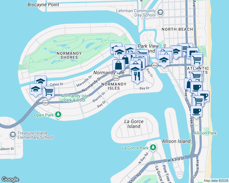 map of restaurants, bars, coffee shops, grocery stores, and more near 1355 Bay Drive in Miami Beach