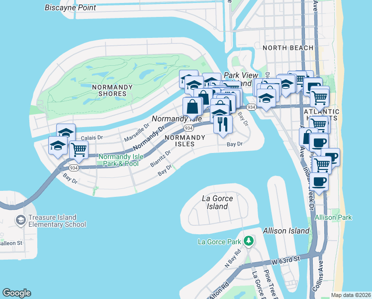 map of restaurants, bars, coffee shops, grocery stores, and more near 1355 Bay Drive in Miami Beach