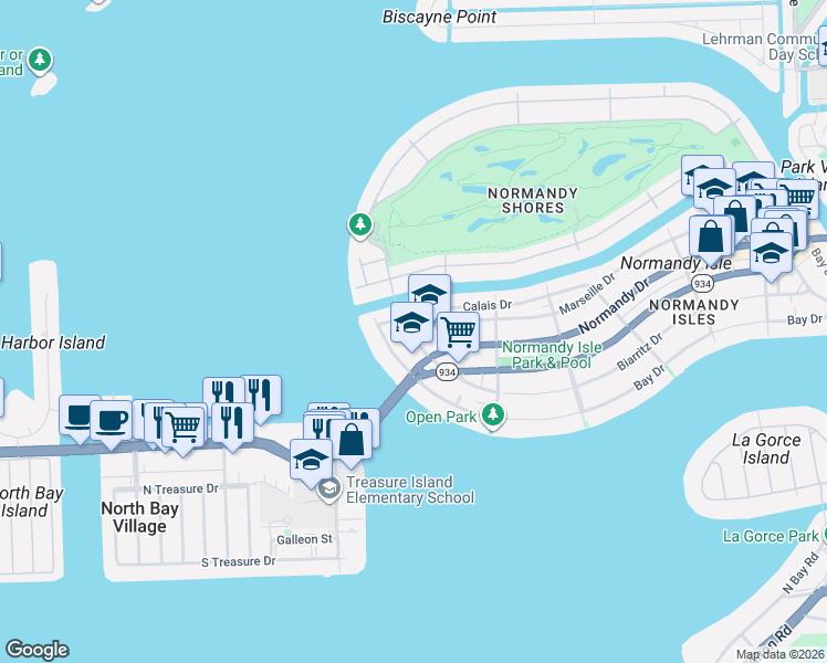 map of restaurants, bars, coffee shops, grocery stores, and more near 2158 Biarritz Drive in Miami Beach