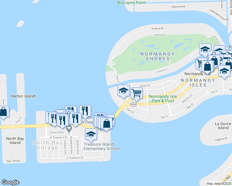 map of restaurants, bars, coffee shops, grocery stores, and more near 2180 Bay Drive in Miami Beach