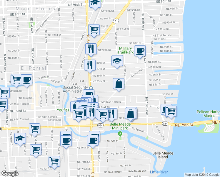 map of restaurants, bars, coffee shops, grocery stores, and more near 719 Northeast 83rd Terrace in Miami