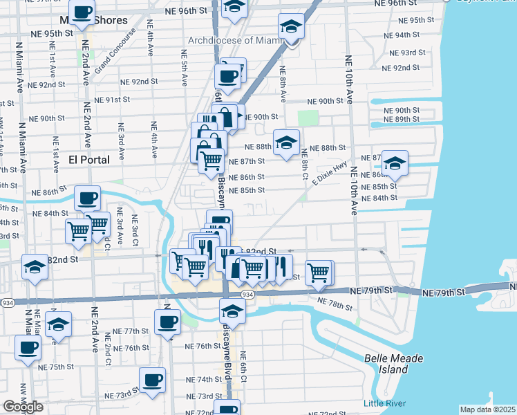 map of restaurants, bars, coffee shops, grocery stores, and more near 719 Northeast 83rd Terrace in Miami