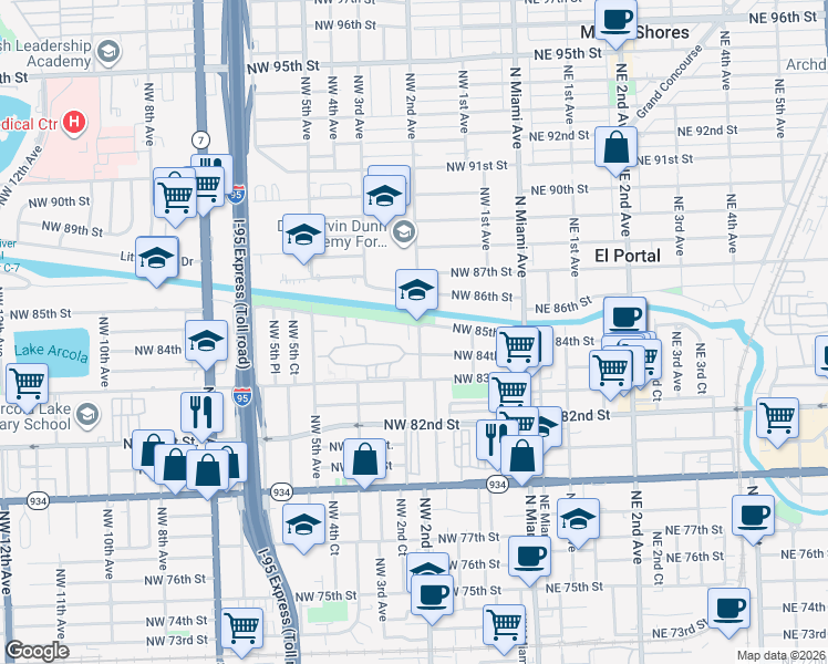 map of restaurants, bars, coffee shops, grocery stores, and more near 254 Northwest 85th Street Road in Miami