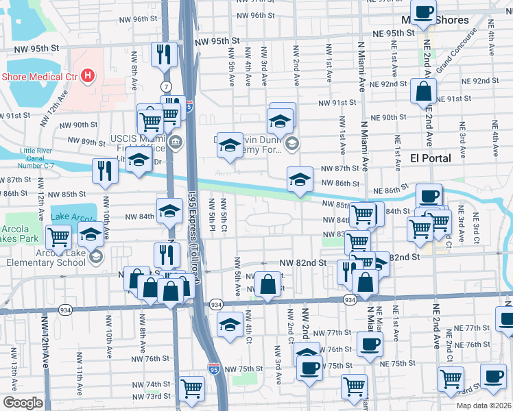 map of restaurants, bars, coffee shops, grocery stores, and more near 8456 Northwest 4th Court in Miami