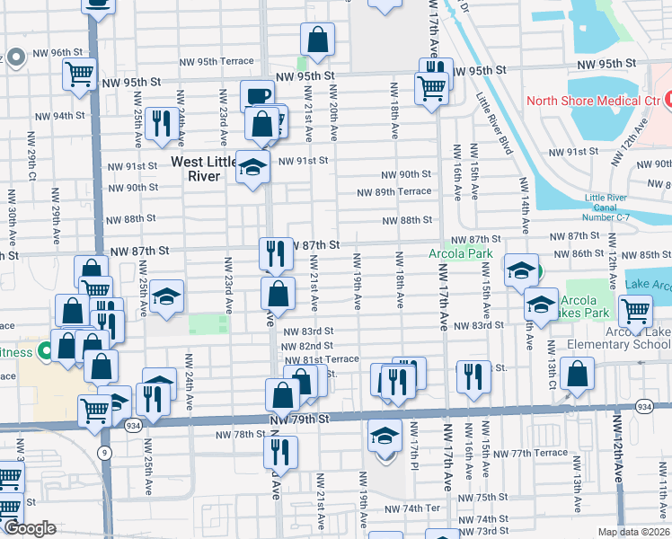 map of restaurants, bars, coffee shops, grocery stores, and more near 1942 Northwest 86th Street in Miami