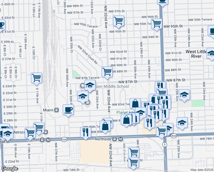 map of restaurants, bars, coffee shops, grocery stores, and more near 3155 Northwest 86th Street in Miami
