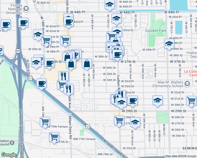 map of restaurants, bars, coffee shops, grocery stores, and more near 1371 West 34th Street in Hialeah