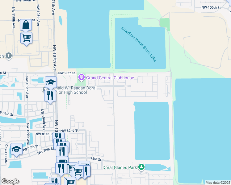 map of restaurants, bars, coffee shops, grocery stores, and more near 8640 Northwest 101st Place in Doral