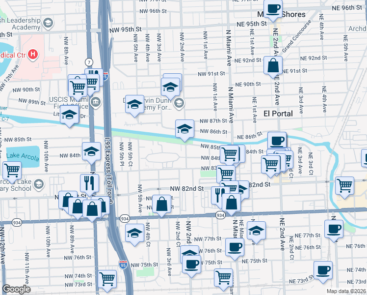 map of restaurants, bars, coffee shops, grocery stores, and more near 254 Northwest 85th Street Road in Miami