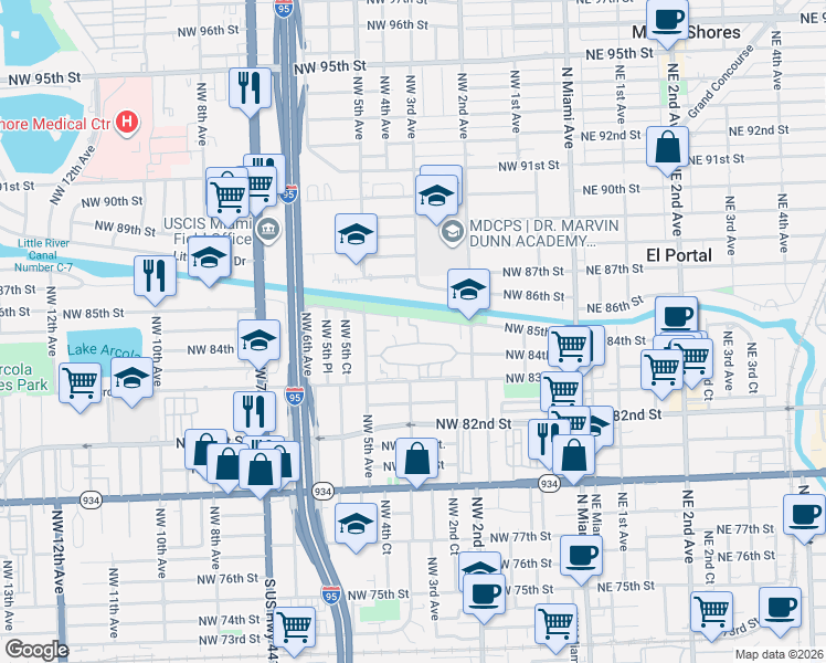 map of restaurants, bars, coffee shops, grocery stores, and more near 8456 Northwest 4th Court in Miami