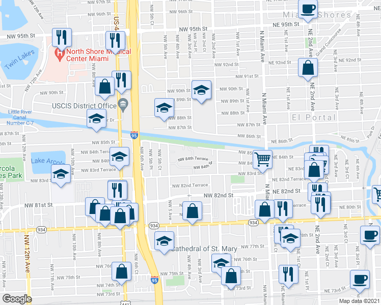 map of restaurants, bars, coffee shops, grocery stores, and more near 8463 Northwest 4th Court in Miami