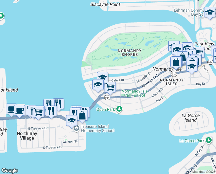 map of restaurants, bars, coffee shops, grocery stores, and more near 1986 Marseille Drive in Miami Beach
