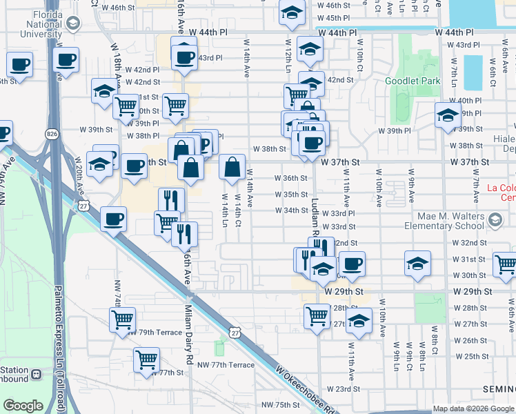 map of restaurants, bars, coffee shops, grocery stores, and more near 1371 West 34th Street in Hialeah