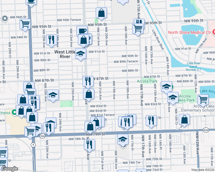 map of restaurants, bars, coffee shops, grocery stores, and more near 1942 Northwest 86th Street in Miami