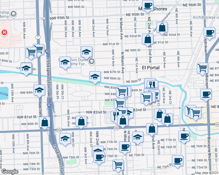 map of restaurants, bars, coffee shops, grocery stores, and more near 13641 Northwest 1st Avenue in Miami