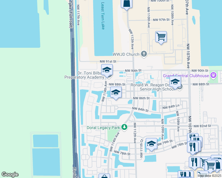 map of restaurants, bars, coffee shops, grocery stores, and more near 11360 Northwest 87th Lane in Medley