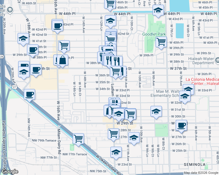 map of restaurants, bars, coffee shops, grocery stores, and more near 1210 West 34th Street in Hialeah