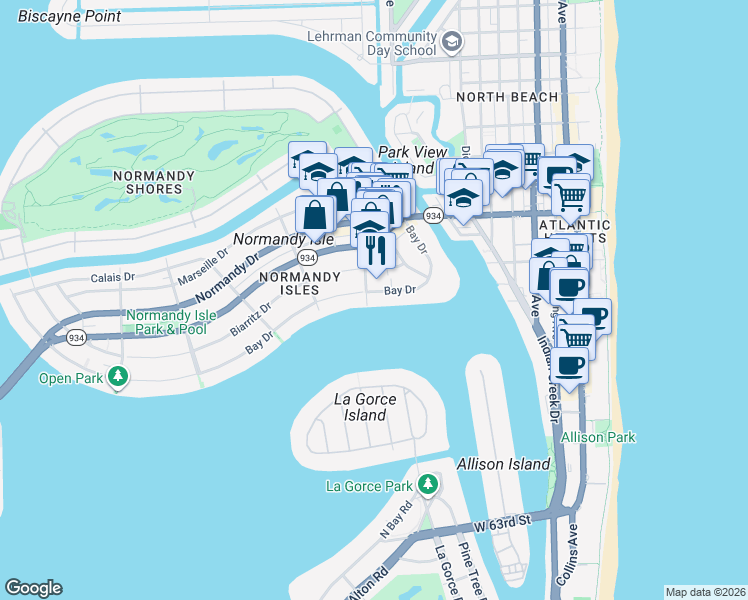 map of restaurants, bars, coffee shops, grocery stores, and more near 1000 Bay Drive in Miami Beach