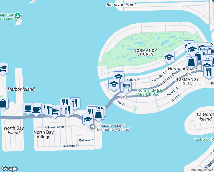 map of restaurants, bars, coffee shops, grocery stores, and more near 2180 Bay Drive in Miami Beach