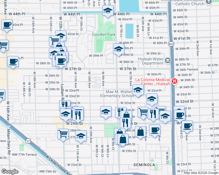 map of restaurants, bars, coffee shops, grocery stores, and more near 858 West 34th Street in Hialeah