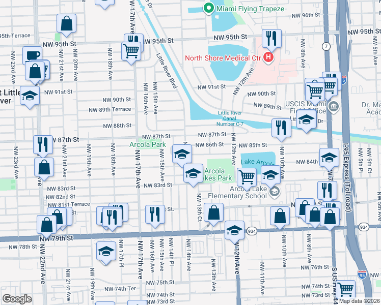 map of restaurants, bars, coffee shops, grocery stores, and more near 8430 Northwest 14th Avenue in Miami