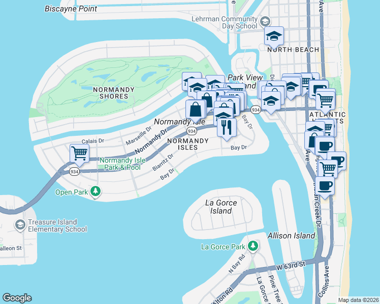 map of restaurants, bars, coffee shops, grocery stores, and more near 1200 Bay Drive in Miami Beach