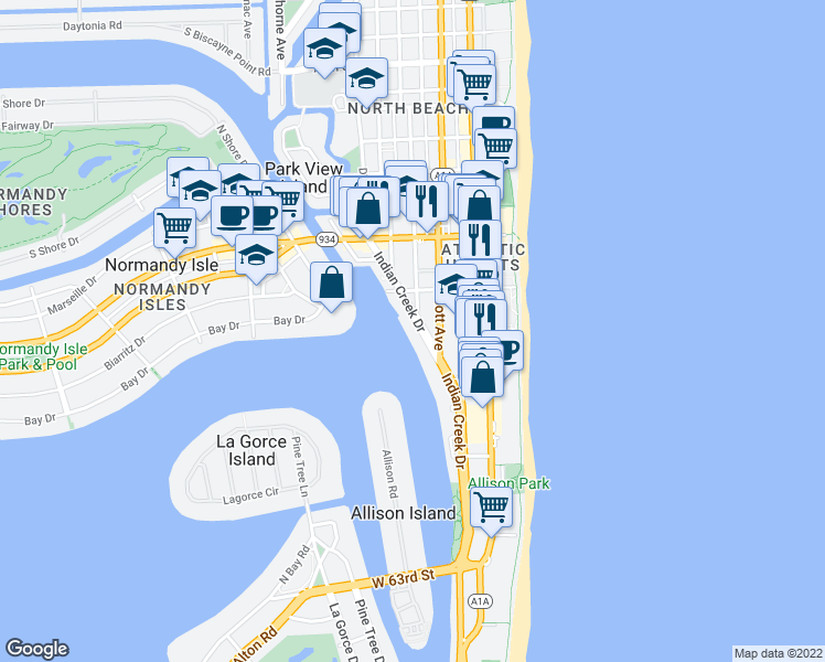map of restaurants, bars, coffee shops, grocery stores, and more near 6830 Indian Creek Drive in Miami Beach