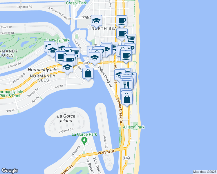 map of restaurants, bars, coffee shops, grocery stores, and more near 6820 Indian Creek Drive in Miami Beach