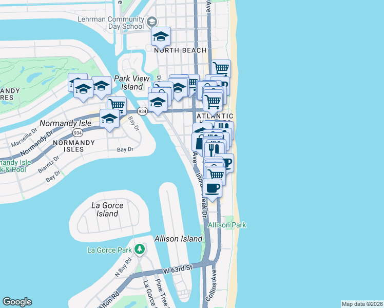 map of restaurants, bars, coffee shops, grocery stores, and more near 6801 Indian Creek Drive in Miami