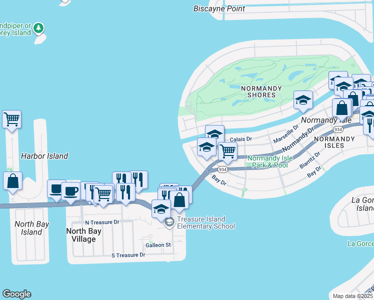 map of restaurants, bars, coffee shops, grocery stores, and more near 2180 Bay Drive in Miami Beach