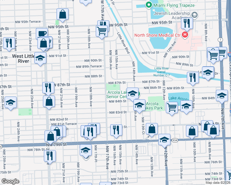map of restaurants, bars, coffee shops, grocery stores, and more near 1570 Northwest 85th Street in Miami