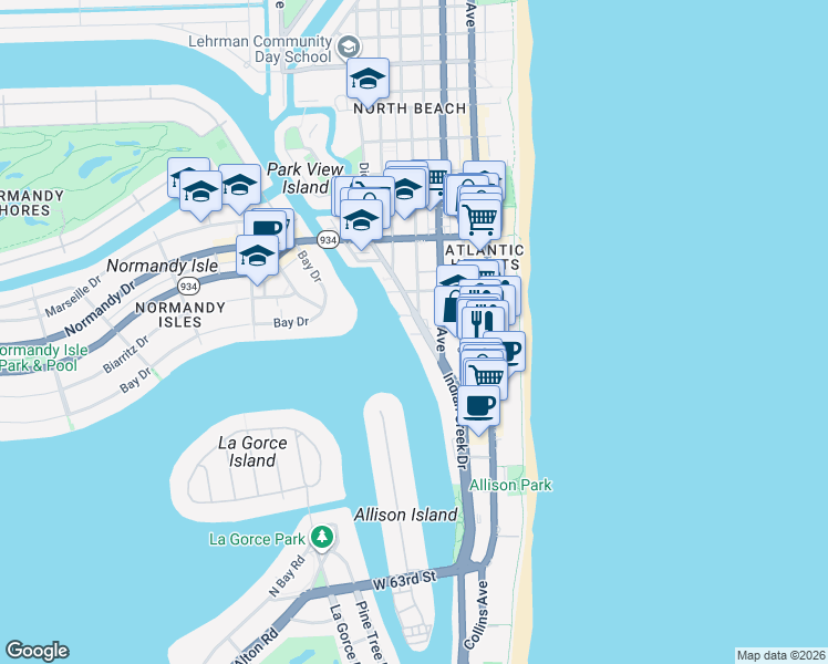 map of restaurants, bars, coffee shops, grocery stores, and more near 6820 Indian Creek Drive in Miami Beach