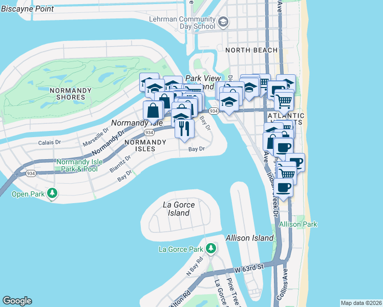 map of restaurants, bars, coffee shops, grocery stores, and more near 1000 Bay Drive in Miami Beach