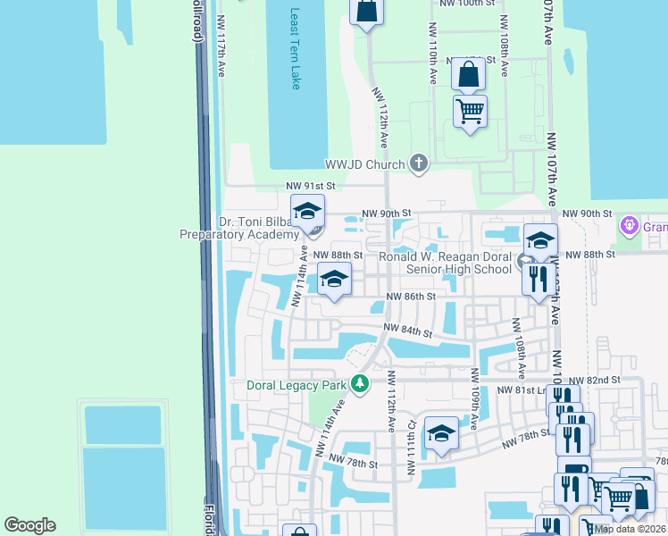 map of restaurants, bars, coffee shops, grocery stores, and more near 8778 Northwest 113th Court in Doral