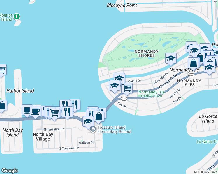 map of restaurants, bars, coffee shops, grocery stores, and more near 2220 Calais Drive in Miami Beach