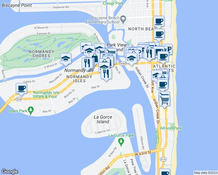 map of restaurants, bars, coffee shops, grocery stores, and more near 1000 Bay Drive in Miami Beach