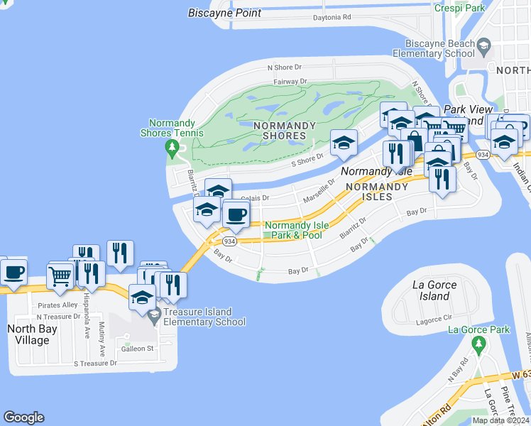 map of restaurants, bars, coffee shops, grocery stores, and more near 1915 Normandy Drive in Miami Beach