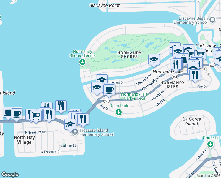 map of restaurants, bars, coffee shops, grocery stores, and more near 1990 Marseille Drive in Miami Beach