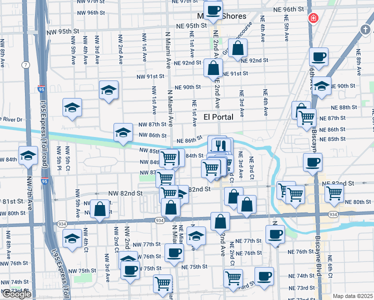 map of restaurants, bars, coffee shops, grocery stores, and more near 95 Northeast 84th Street in Miami