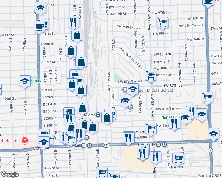 map of restaurants, bars, coffee shops, grocery stores, and more near 8626 Northwest 35th Place in Miami
