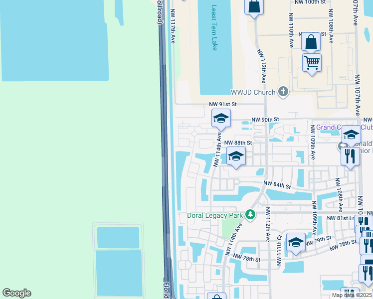 map of restaurants, bars, coffee shops, grocery stores, and more near 11604 Northwest 87th Lane in Doral