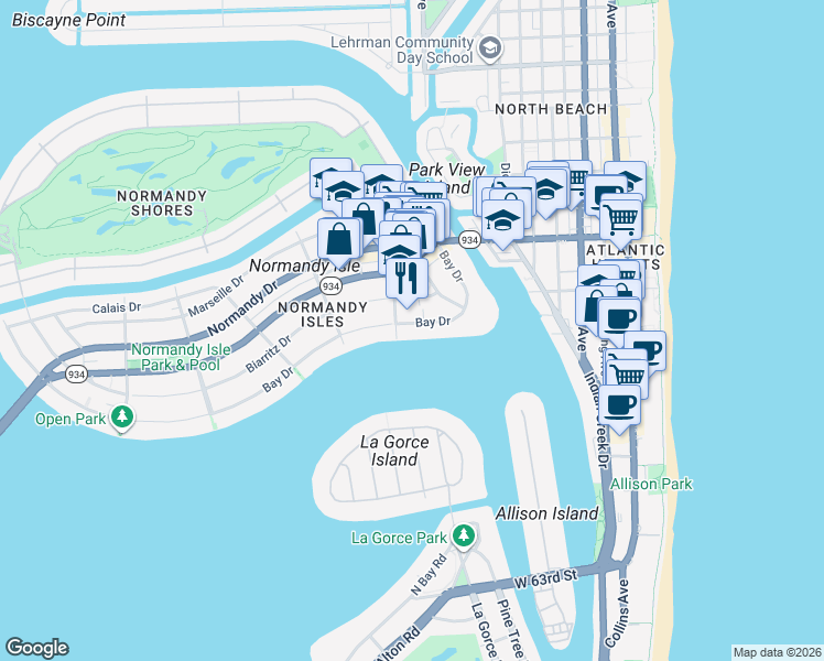 map of restaurants, bars, coffee shops, grocery stores, and more near 1006 Bay Drive in Miami Beach